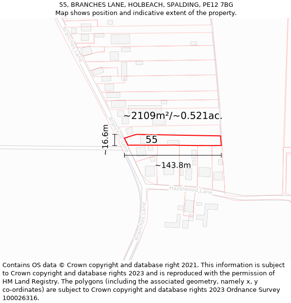 55, BRANCHES LANE, HOLBEACH, SPALDING, PE12 7BG: Plot and title map