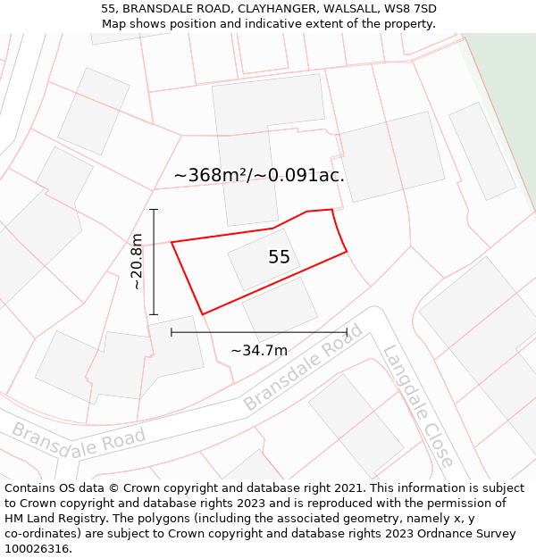 55, BRANSDALE ROAD, CLAYHANGER, WALSALL, WS8 7SD: Plot and title map