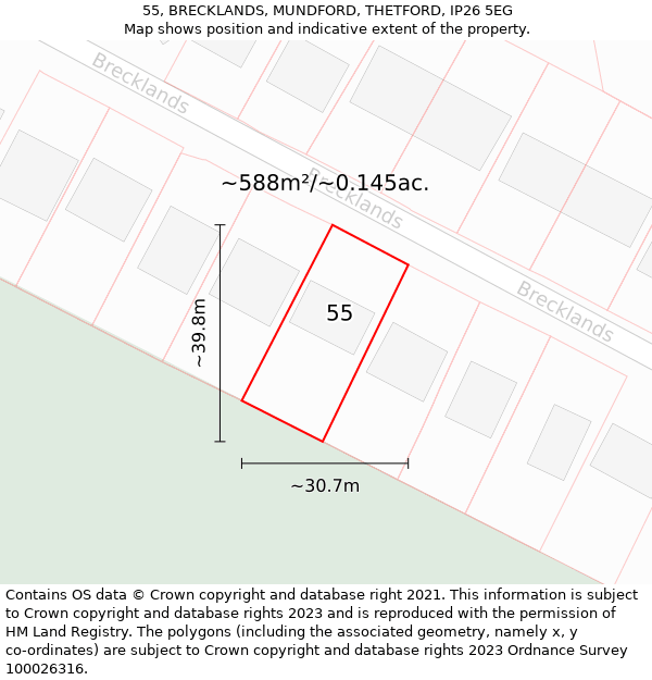 55, BRECKLANDS, MUNDFORD, THETFORD, IP26 5EG: Plot and title map