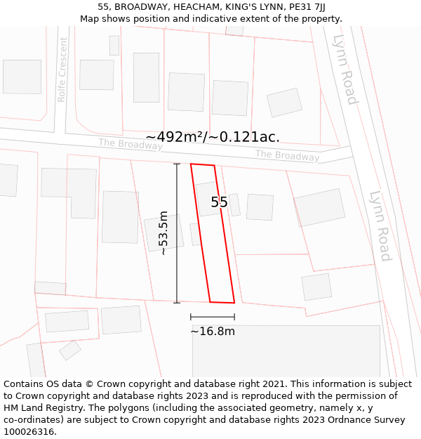 55, BROADWAY, HEACHAM, KING'S LYNN, PE31 7JJ: Plot and title map