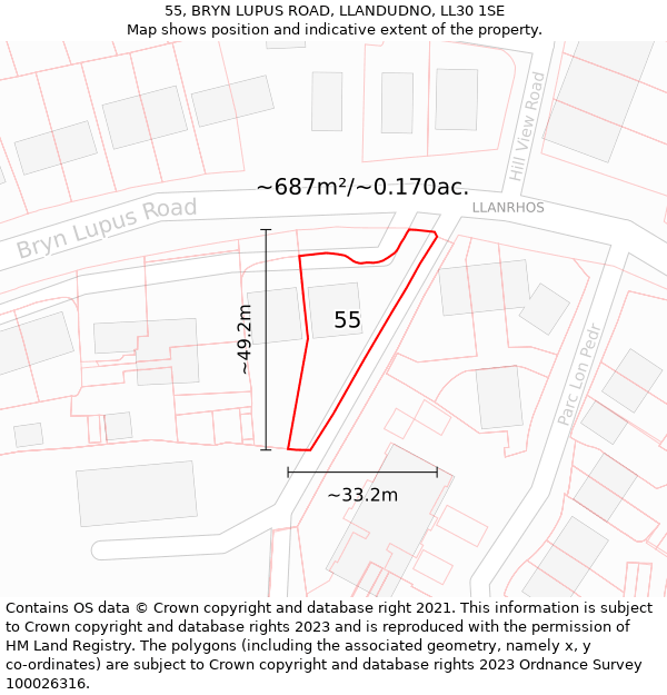 55, BRYN LUPUS ROAD, LLANDUDNO, LL30 1SE: Plot and title map