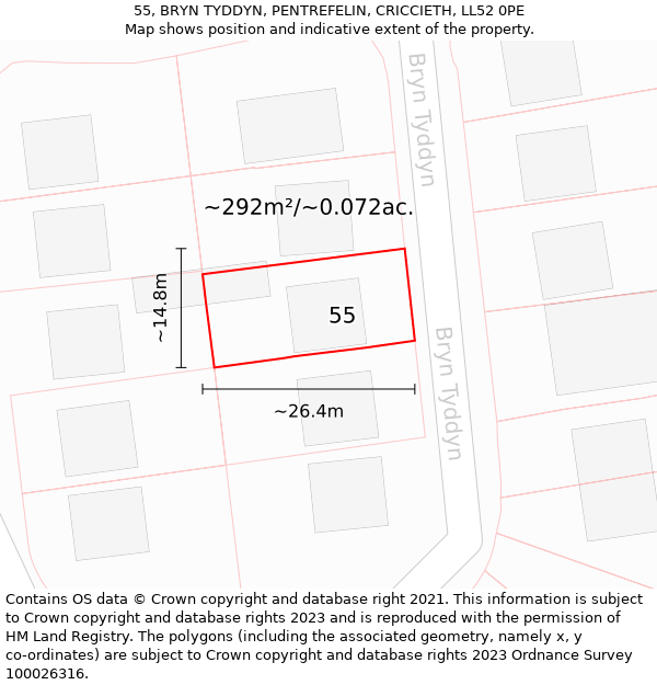 55, BRYN TYDDYN, PENTREFELIN, CRICCIETH, LL52 0PE: Plot and title map