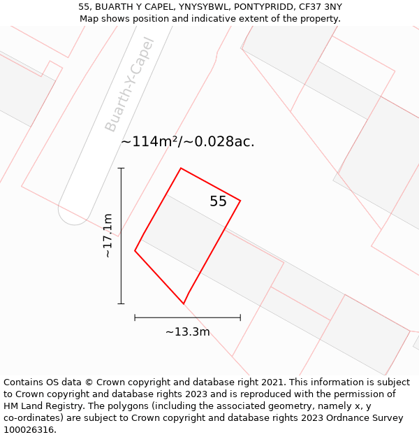 55, BUARTH Y CAPEL, YNYSYBWL, PONTYPRIDD, CF37 3NY: Plot and title map