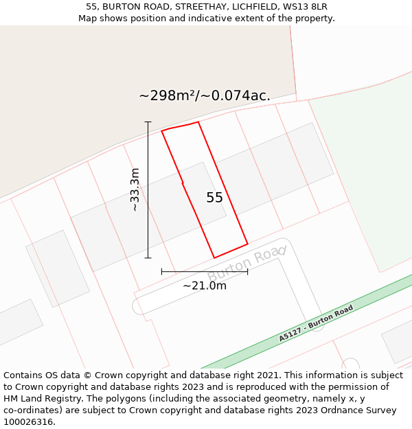 55, BURTON ROAD, STREETHAY, LICHFIELD, WS13 8LR: Plot and title map