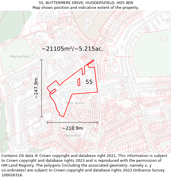 55, BUTTERMERE DRIVE, HUDDERSFIELD, HD5 9EN: Plot and title map