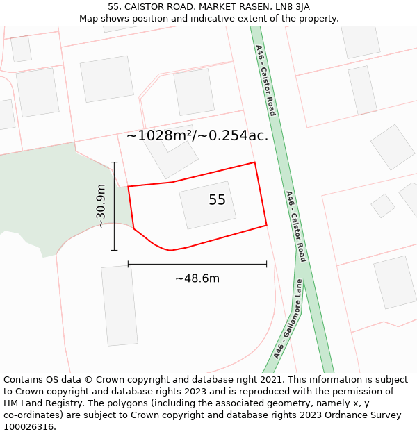 55, CAISTOR ROAD, MARKET RASEN, LN8 3JA: Plot and title map