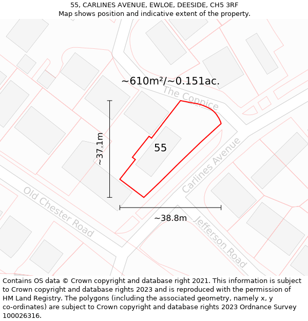 55, CARLINES AVENUE, EWLOE, DEESIDE, CH5 3RF: Plot and title map