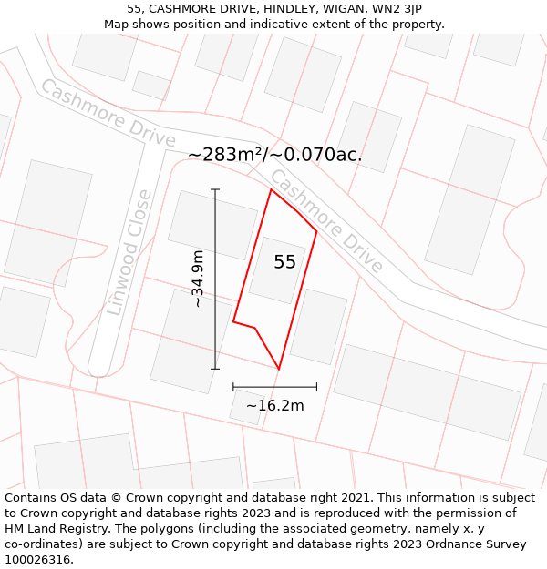 55, CASHMORE DRIVE, HINDLEY, WIGAN, WN2 3JP: Plot and title map