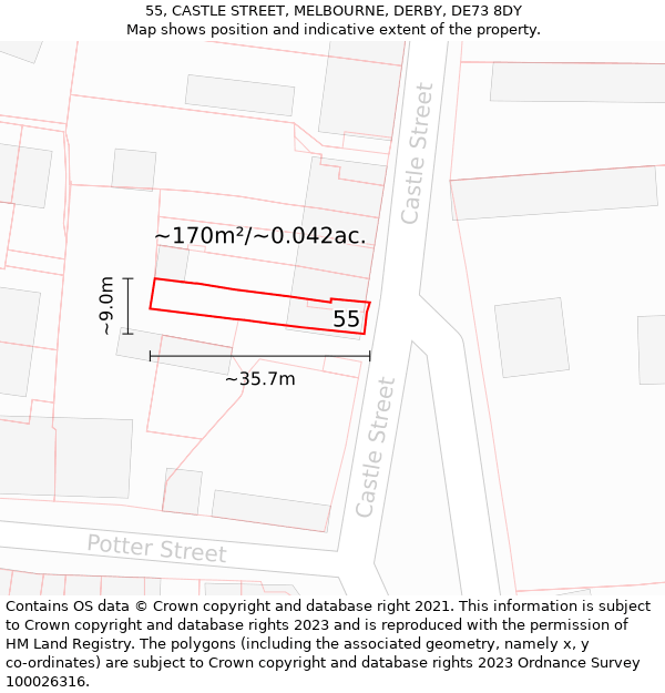 55, CASTLE STREET, MELBOURNE, DERBY, DE73 8DY: Plot and title map