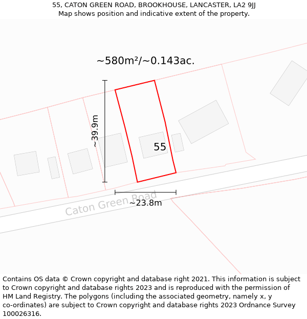 55, CATON GREEN ROAD, BROOKHOUSE, LANCASTER, LA2 9JJ: Plot and title map