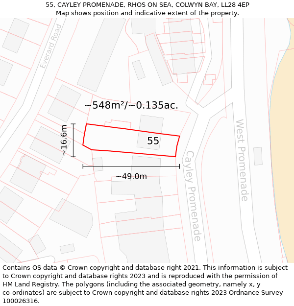 55, CAYLEY PROMENADE, RHOS ON SEA, COLWYN BAY, LL28 4EP: Plot and title map