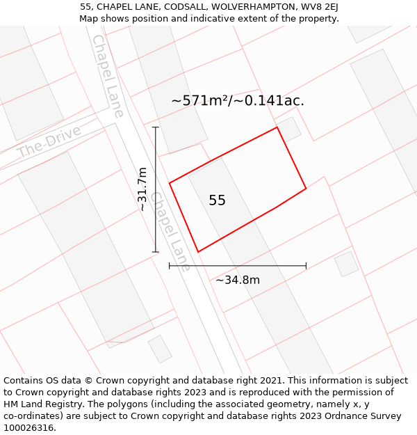 55, CHAPEL LANE, CODSALL, WOLVERHAMPTON, WV8 2EJ: Plot and title map