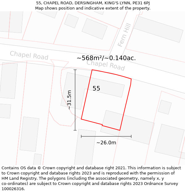 55, CHAPEL ROAD, DERSINGHAM, KING'S LYNN, PE31 6PJ: Plot and title map