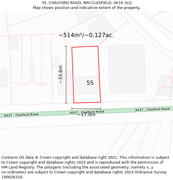 55, CHELFORD ROAD, MACCLESFIELD, SK10 3LQ: Plot and title map