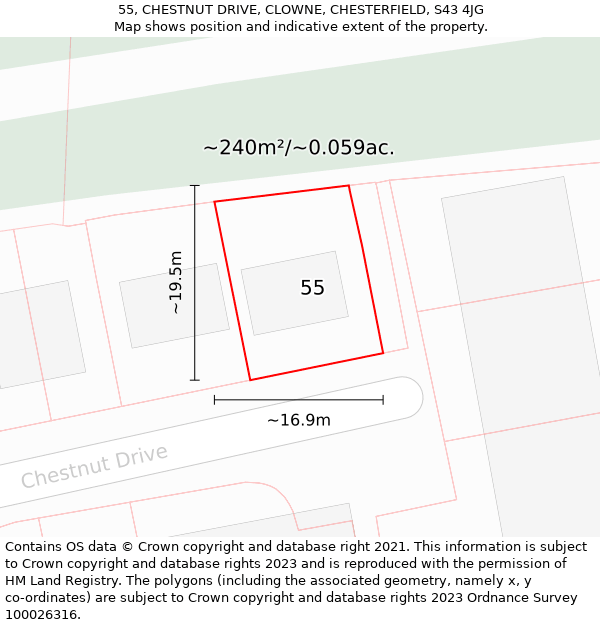 55, CHESTNUT DRIVE, CLOWNE, CHESTERFIELD, S43 4JG: Plot and title map