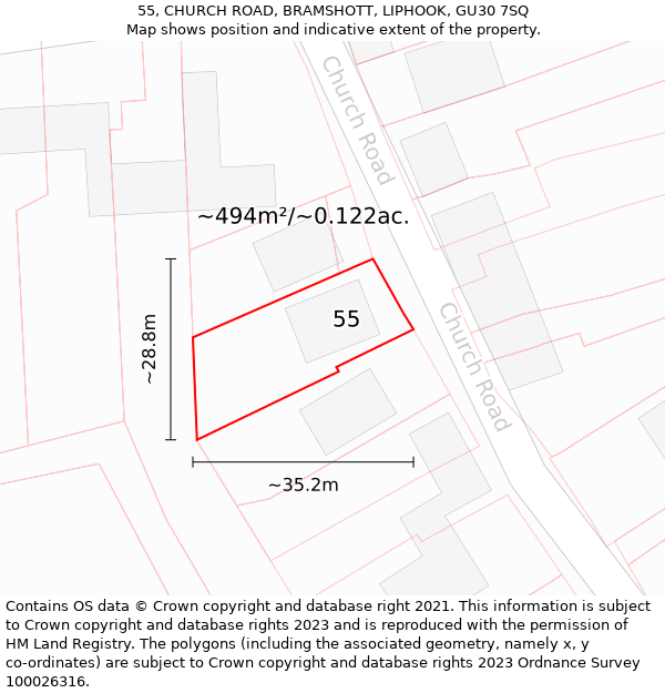 55, CHURCH ROAD, BRAMSHOTT, LIPHOOK, GU30 7SQ: Plot and title map