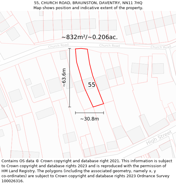 55, CHURCH ROAD, BRAUNSTON, DAVENTRY, NN11 7HQ: Plot and title map