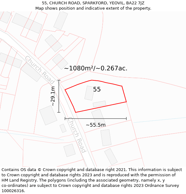 55, CHURCH ROAD, SPARKFORD, YEOVIL, BA22 7JZ: Plot and title map