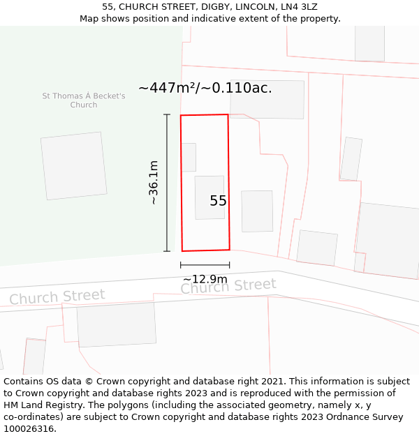 55, CHURCH STREET, DIGBY, LINCOLN, LN4 3LZ: Plot and title map