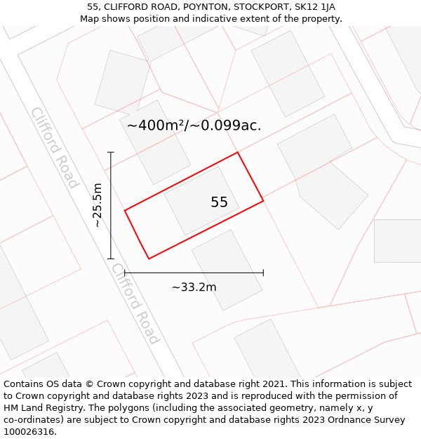 55, CLIFFORD ROAD, POYNTON, STOCKPORT, SK12 1JA: Plot and title map