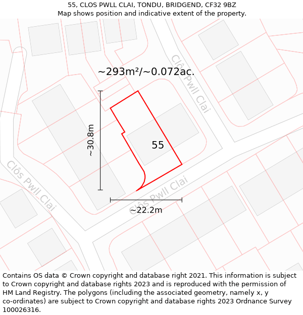 55, CLOS PWLL CLAI, TONDU, BRIDGEND, CF32 9BZ: Plot and title map