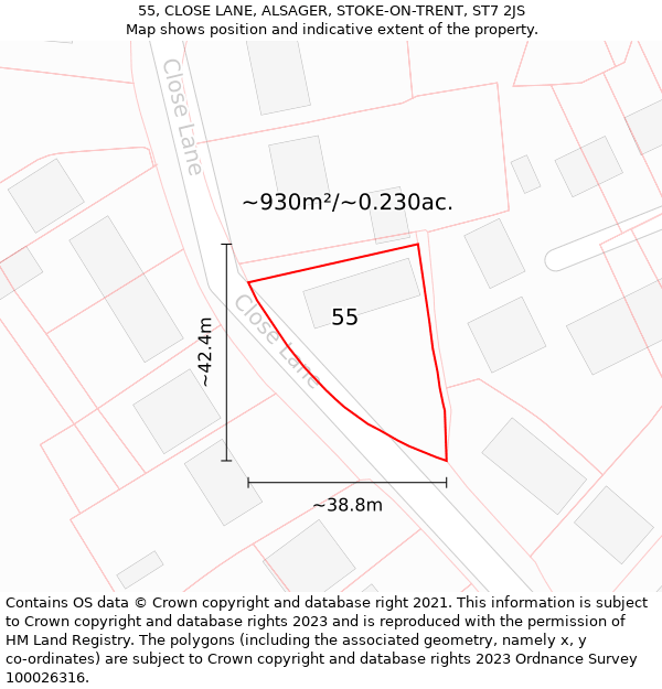 55, CLOSE LANE, ALSAGER, STOKE-ON-TRENT, ST7 2JS: Plot and title map