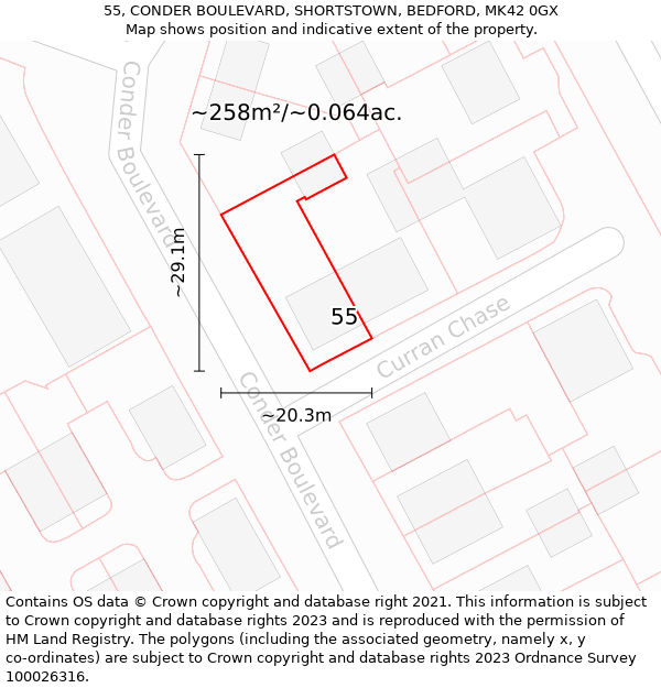 55, CONDER BOULEVARD, SHORTSTOWN, BEDFORD, MK42 0GX: Plot and title map