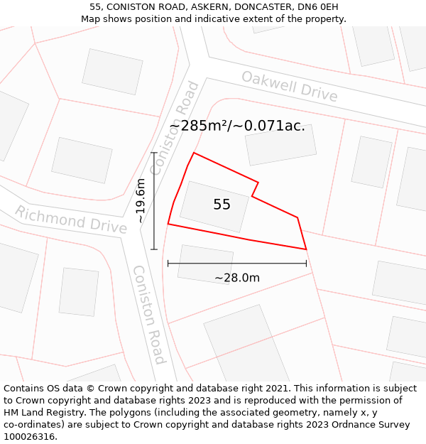 55, CONISTON ROAD, ASKERN, DONCASTER, DN6 0EH: Plot and title map