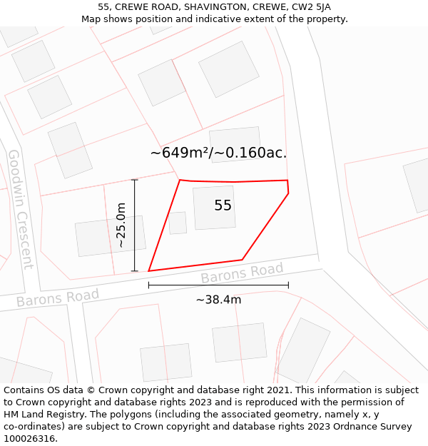 55, CREWE ROAD, SHAVINGTON, CREWE, CW2 5JA: Plot and title map