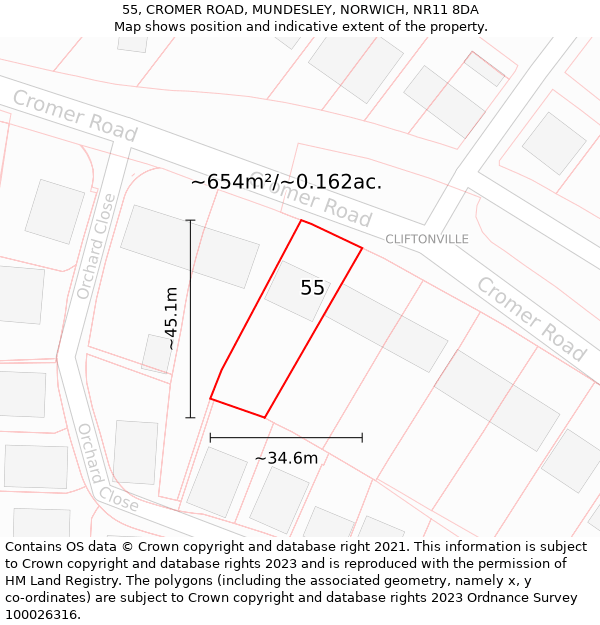 55, CROMER ROAD, MUNDESLEY, NORWICH, NR11 8DA: Plot and title map