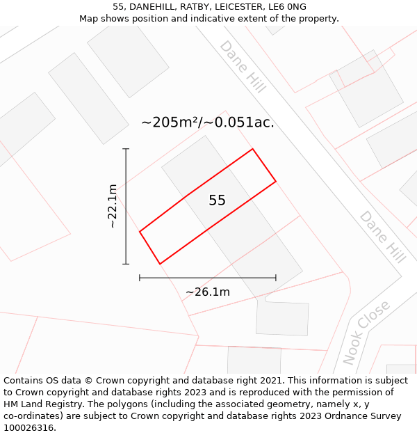 55, DANEHILL, RATBY, LEICESTER, LE6 0NG: Plot and title map
