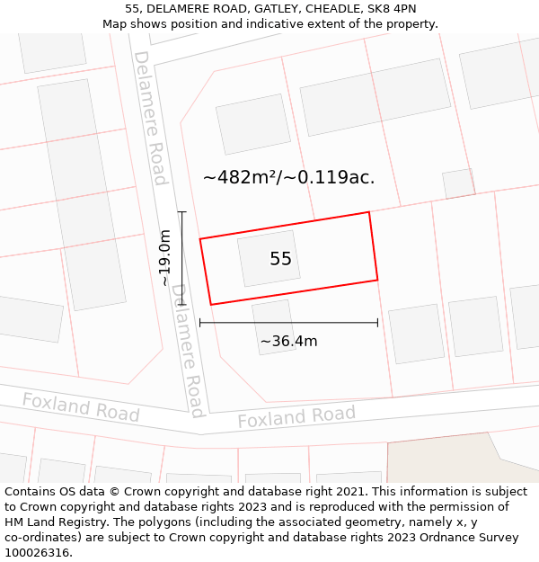 55, DELAMERE ROAD, GATLEY, CHEADLE, SK8 4PN: Plot and title map