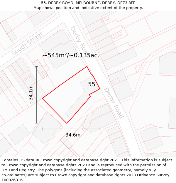 55, DERBY ROAD, MELBOURNE, DERBY, DE73 8FE: Plot and title map