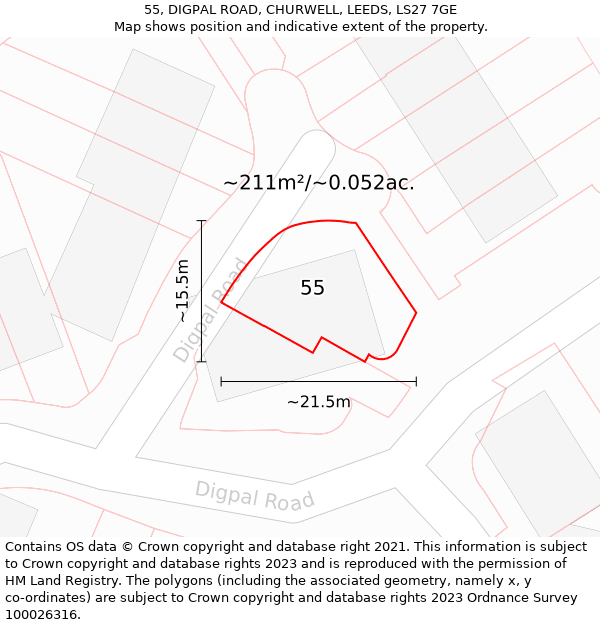 55, DIGPAL ROAD, CHURWELL, LEEDS, LS27 7GE: Plot and title map