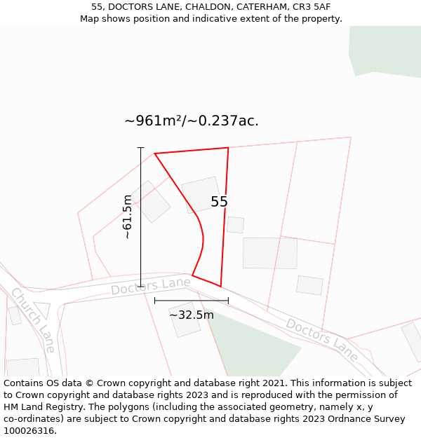 55, DOCTORS LANE, CHALDON, CATERHAM, CR3 5AF: Plot and title map