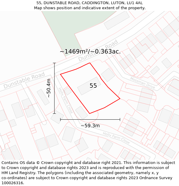 55, DUNSTABLE ROAD, CADDINGTON, LUTON, LU1 4AL: Plot and title map