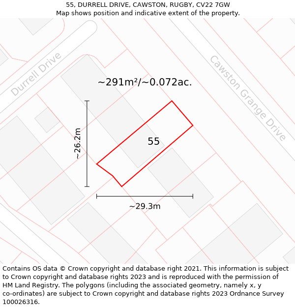 55, DURRELL DRIVE, CAWSTON, RUGBY, CV22 7GW: Plot and title map