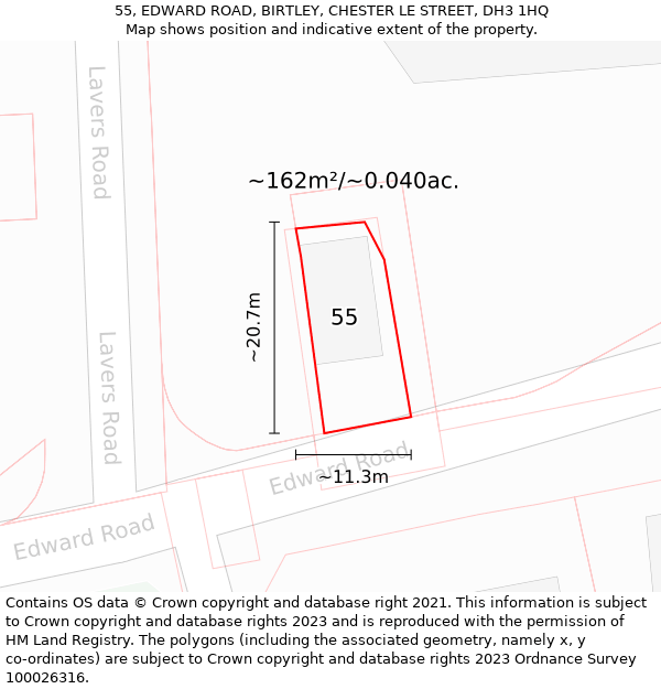 55, EDWARD ROAD, BIRTLEY, CHESTER LE STREET, DH3 1HQ: Plot and title map