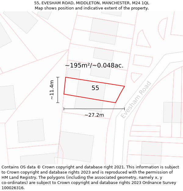 55, EVESHAM ROAD, MIDDLETON, MANCHESTER, M24 1QL: Plot and title map