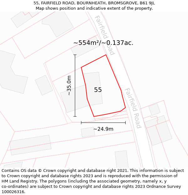 55, FAIRFIELD ROAD, BOURNHEATH, BROMSGROVE, B61 9JL: Plot and title map