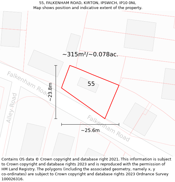 55, FALKENHAM ROAD, KIRTON, IPSWICH, IP10 0NL: Plot and title map