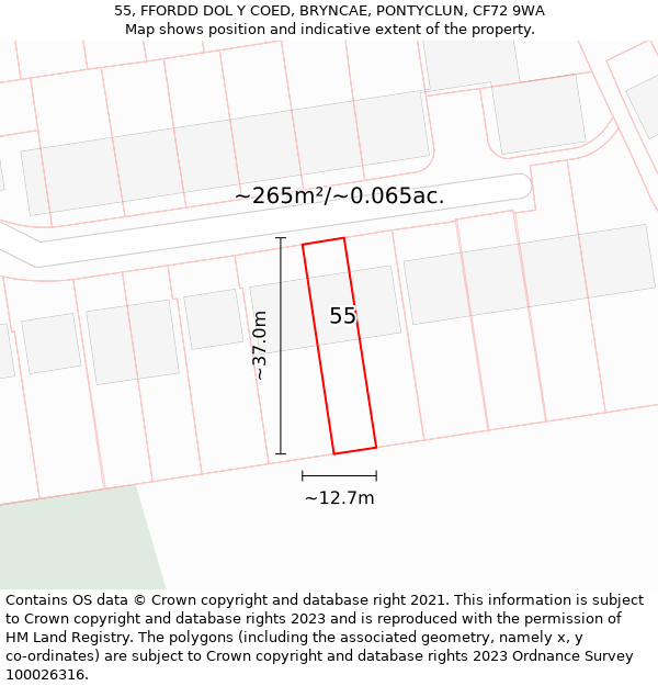 55, FFORDD DOL Y COED, BRYNCAE, PONTYCLUN, CF72 9WA: Plot and title map