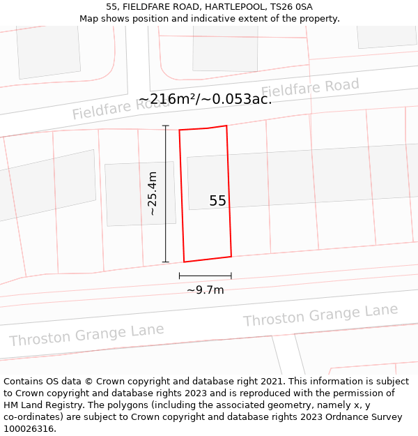 55, FIELDFARE ROAD, HARTLEPOOL, TS26 0SA: Plot and title map