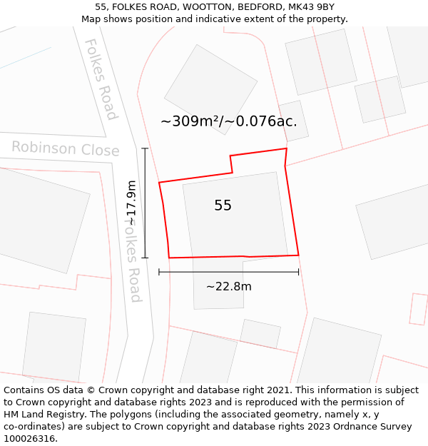 55, FOLKES ROAD, WOOTTON, BEDFORD, MK43 9BY: Plot and title map