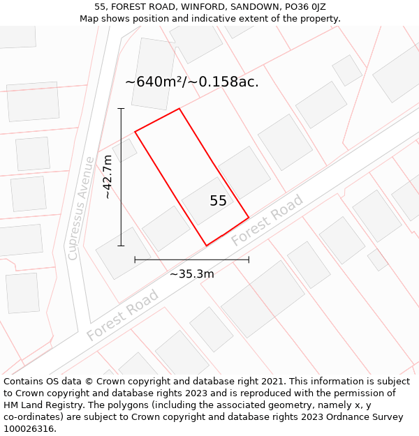 55, FOREST ROAD, WINFORD, SANDOWN, PO36 0JZ: Plot and title map