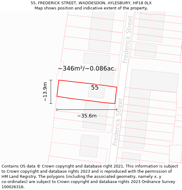 55, FREDERICK STREET, WADDESDON, AYLESBURY, HP18 0LX: Plot and title map