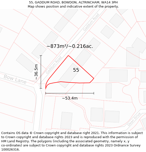 55, GADDUM ROAD, BOWDON, ALTRINCHAM, WA14 3PH: Plot and title map