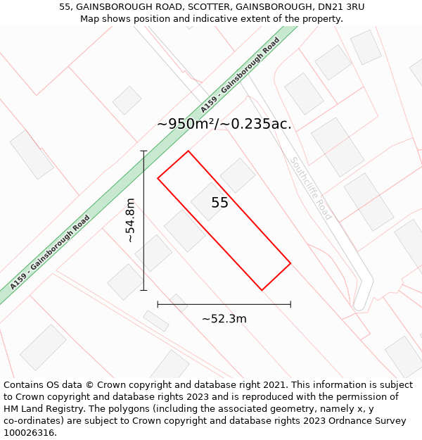 55, GAINSBOROUGH ROAD, SCOTTER, GAINSBOROUGH, DN21 3RU: Plot and title map