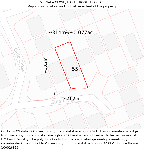 55, GALA CLOSE, HARTLEPOOL, TS25 1GB: Plot and title map