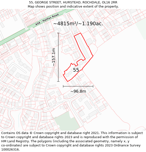 55, GEORGE STREET, HURSTEAD, ROCHDALE, OL16 2RR: Plot and title map